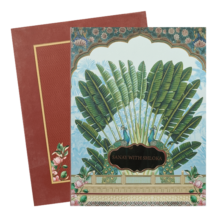 Maroon Green Leaf Padded Wedding Card-KBM05230