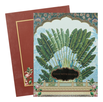 Maroon Green Leaf Padded Wedding Card-KBM05230