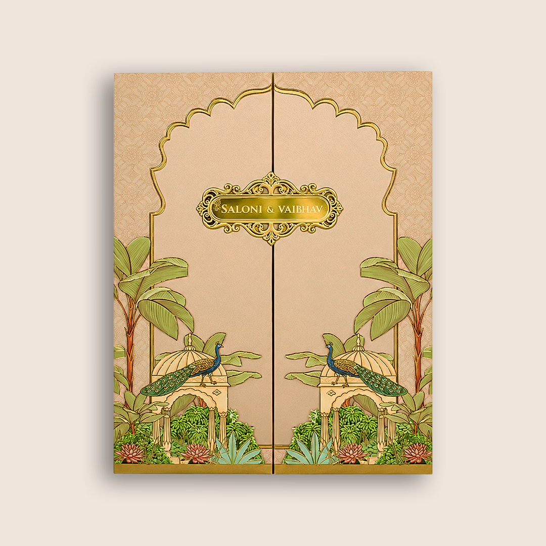 Pink Peacock Door Style Wedding Card - KPR07210
