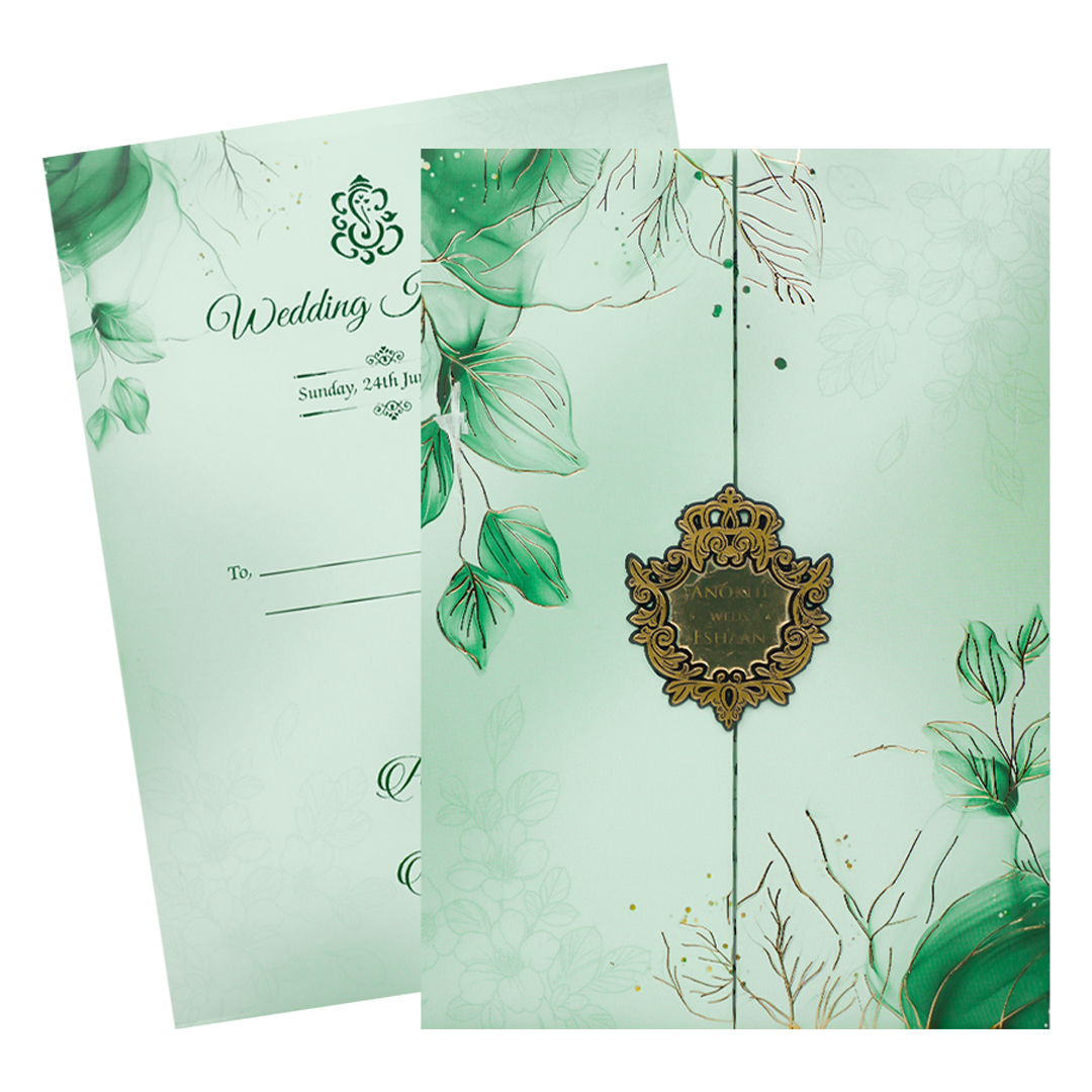 Green Leaf Padded Wedding Card-KJTS3675