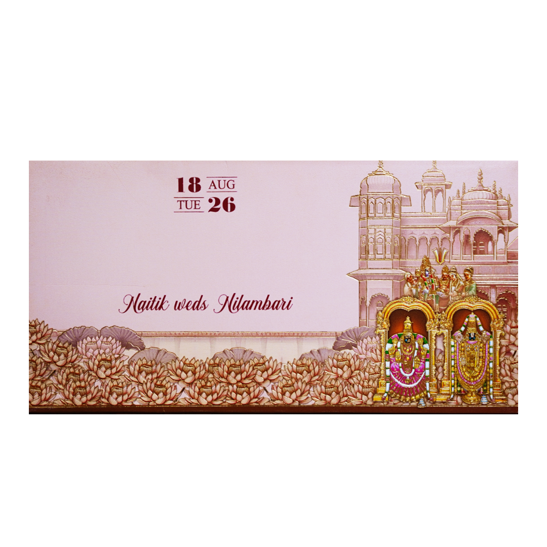 Pink Gold Embossed Balaji Padmavathi Wedding Invitation Card-KPR06490