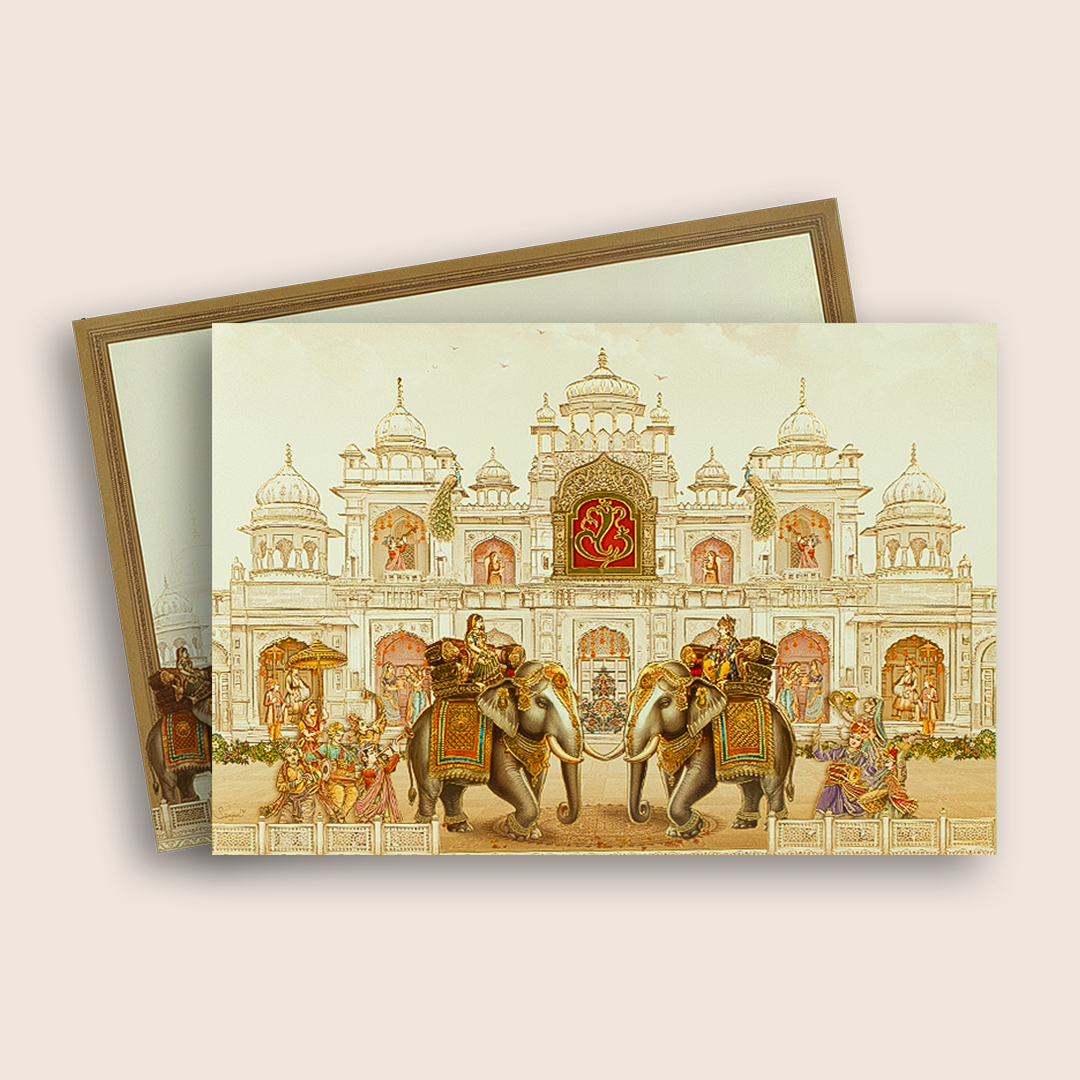 Beige Royal Elephant Palace Wedding Card - KAA05310