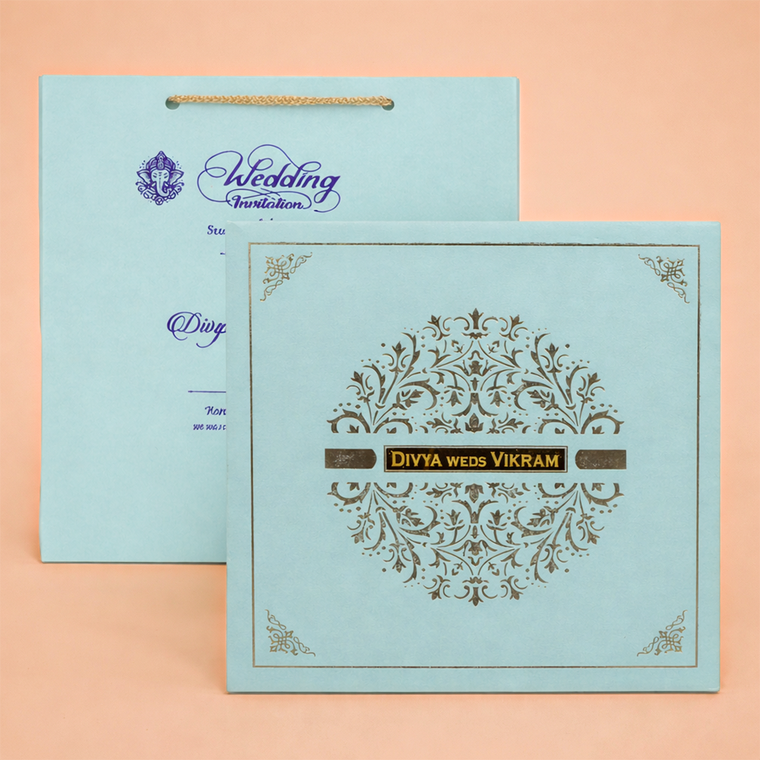Blue Gold Foiling Design Box Invitation Card-KNK8902B