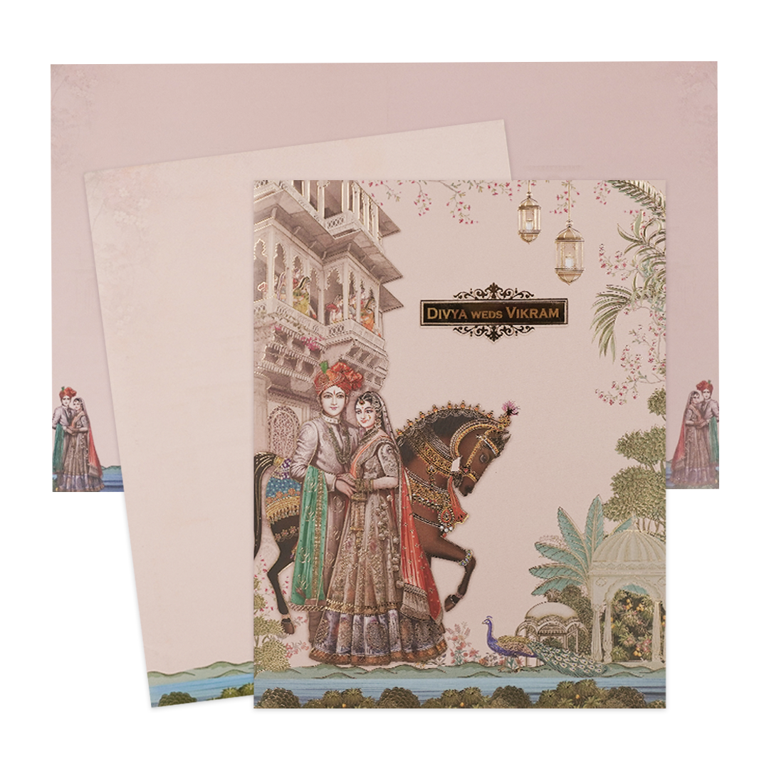 Pink Royal Horse Couple Wedding Card-KNKJ1154