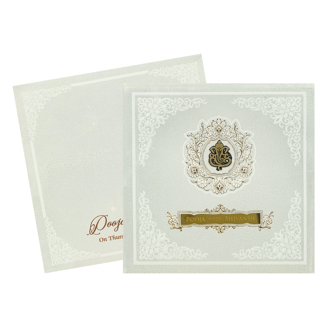 White Ganesha Floral Padded Wedding Card-KRE27580
