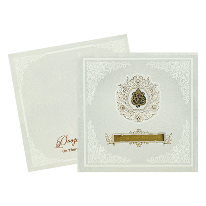 White Ganesha Floral Padded Wedding Card-KRE27580