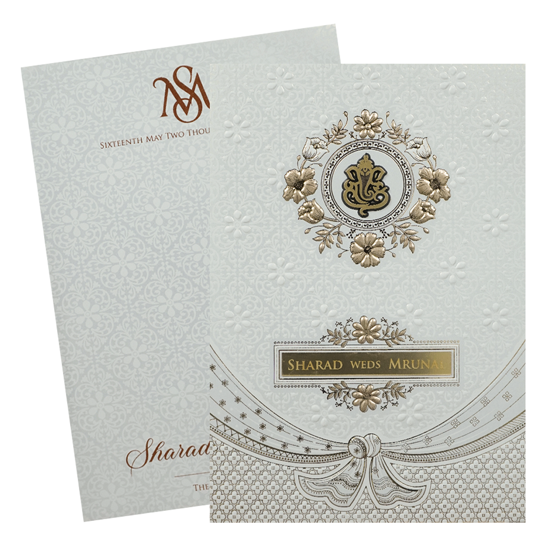 White Embossed Ganesha Wedding card-KRE28660