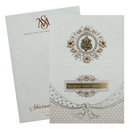 White Embossed Ganesha Wedding card-KRE28660