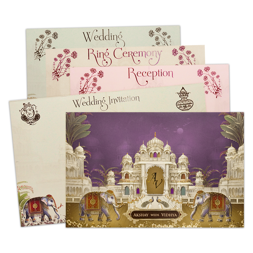 Check out Purple Palace Elephant Padded Wedding Card at best price. ?WhatsApp Support ?Express Delivery