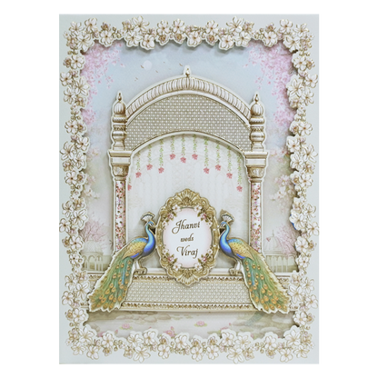 White Gold Lasercut Peacock Palace Padded Wedding Card-KMMEX8150