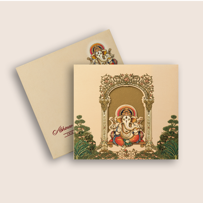 Light Peach Ganesha Padded Wedding Card - KPR026010