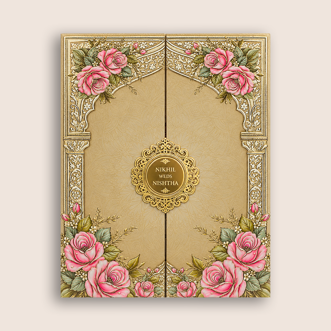 Beige Floral Arch Door Style Wedding Card - KPR07220