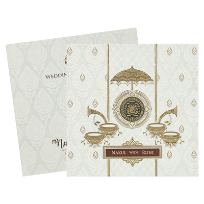 White Ganesha Umbrella Embossed Wedding card-KRE28530