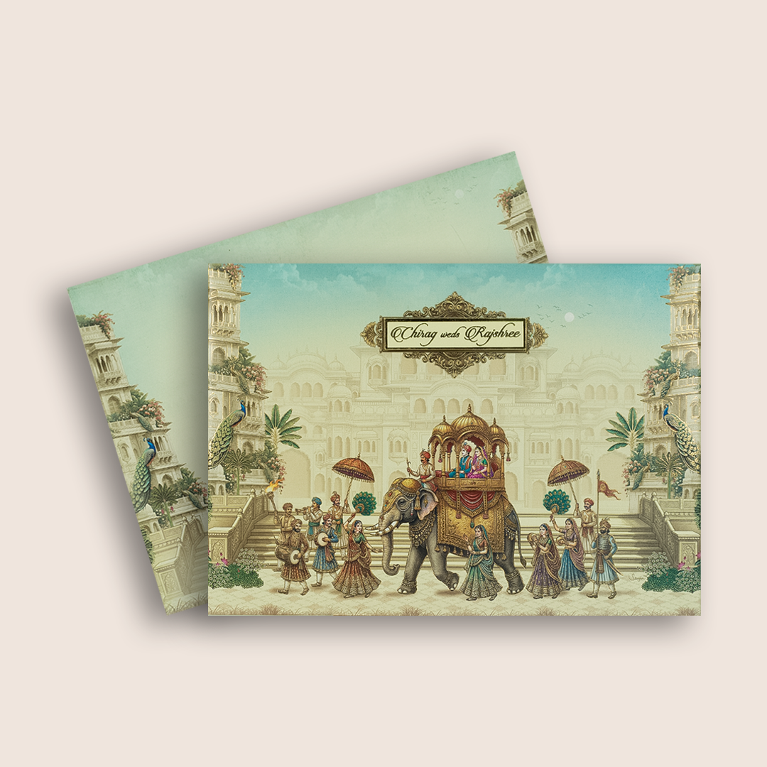 Cream Royal Elephant Baraat Padded Invitation Card - KAA06120