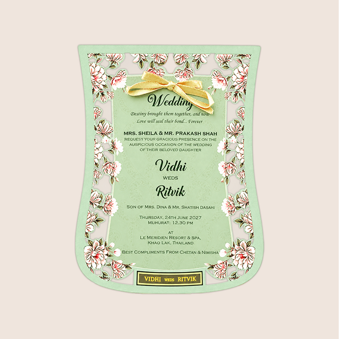 Pastel Green Laser Cut Floral wedding Card - KVN07830