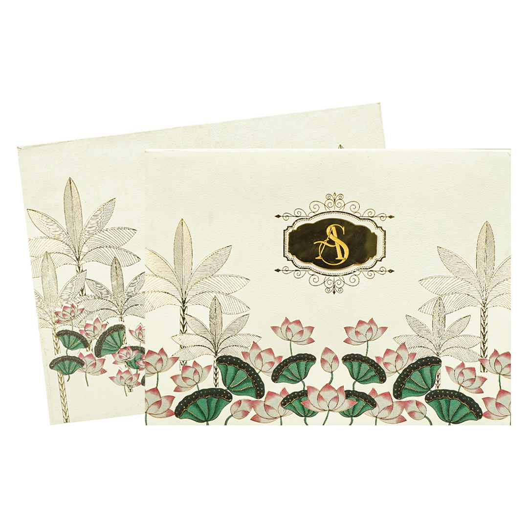 Cream Lotus Floral Padded Wedding Card - KBM05270