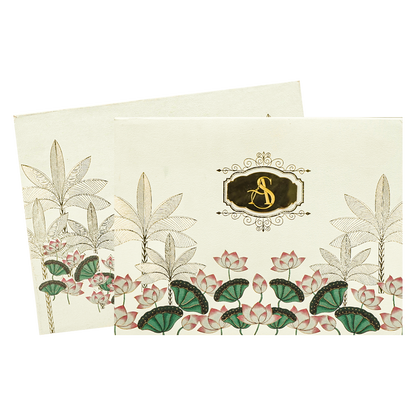Cream Lotus Floral Padded Wedding Card - KBM05270