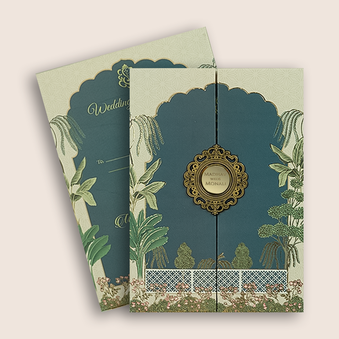 Navy Blue Floral Door  Style Padded Invitation Card - KJTS3676