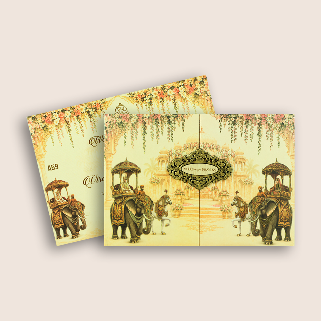 Beige Elephant Bride Groom Door Style Wedding Invitation - KMARA590