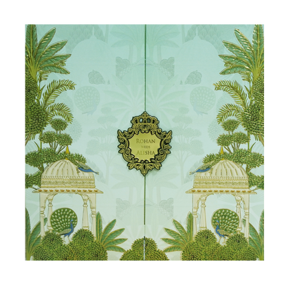 Mint Green Palace Peacock Wedding Card-KFR15350
