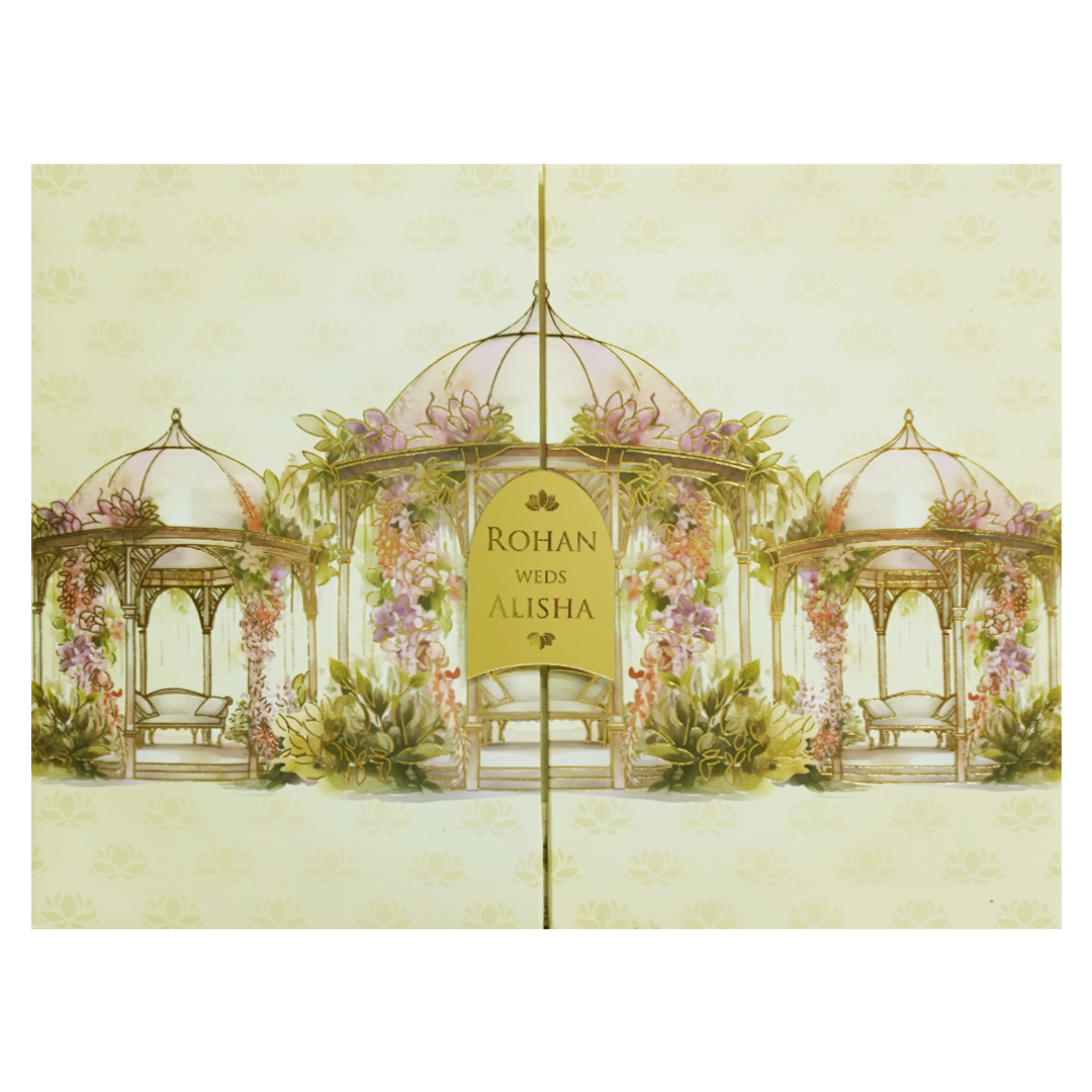 Yellow Pink Dome Gazebo Floral  Padded Wedding Card - KFR16320