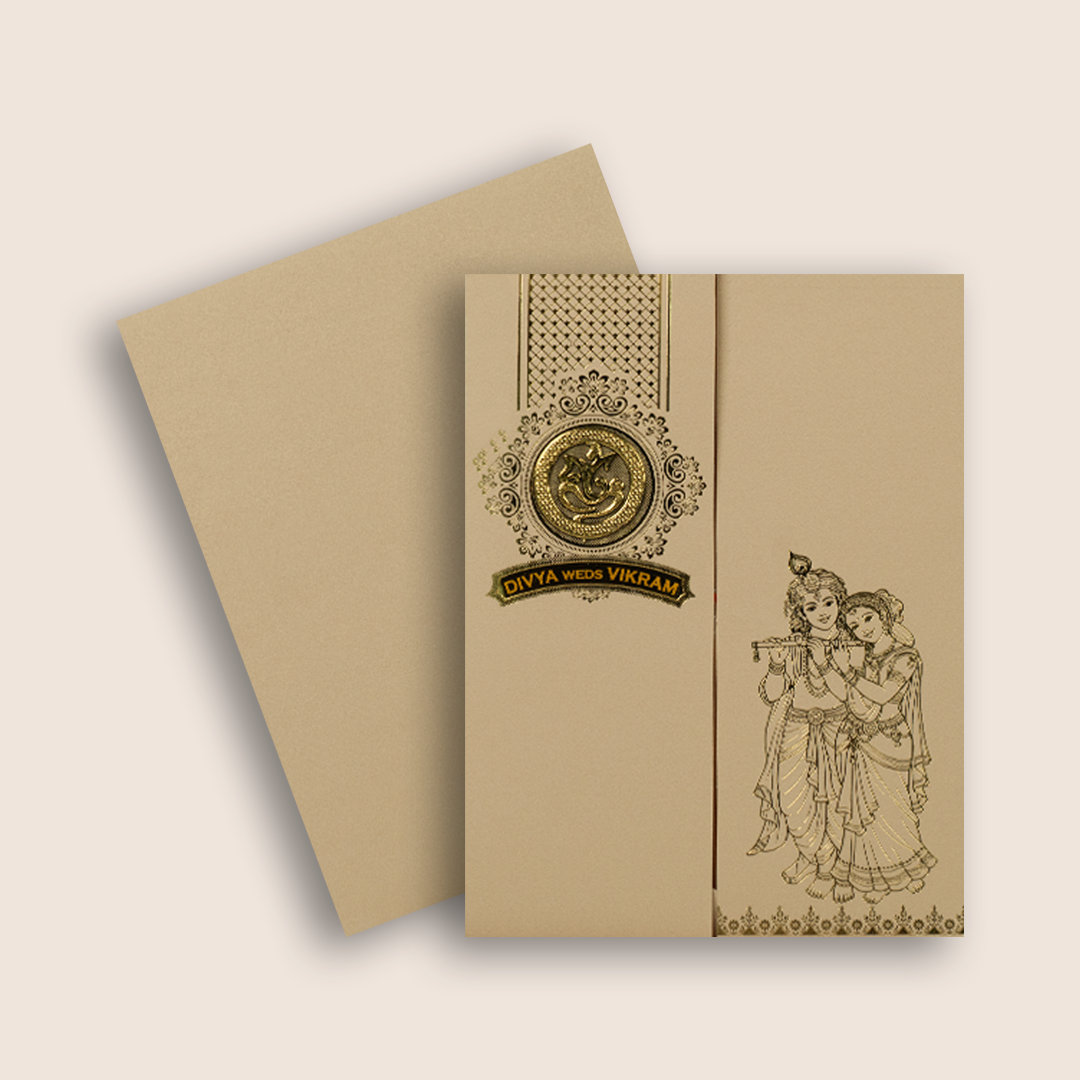 Pastel Pink Lord Radha Krishna Door Style Wedding Card - KNRR8709P