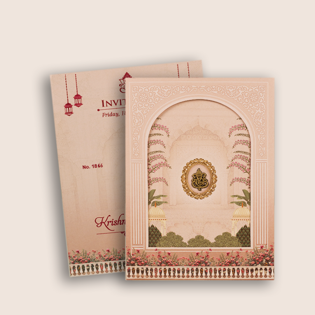 Pink Jharokha Laser Cut Wedding Invitation Card - KJTS1866