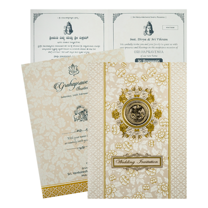 Cream Gold Floral Ganesha Wedding Card-KNK7060W