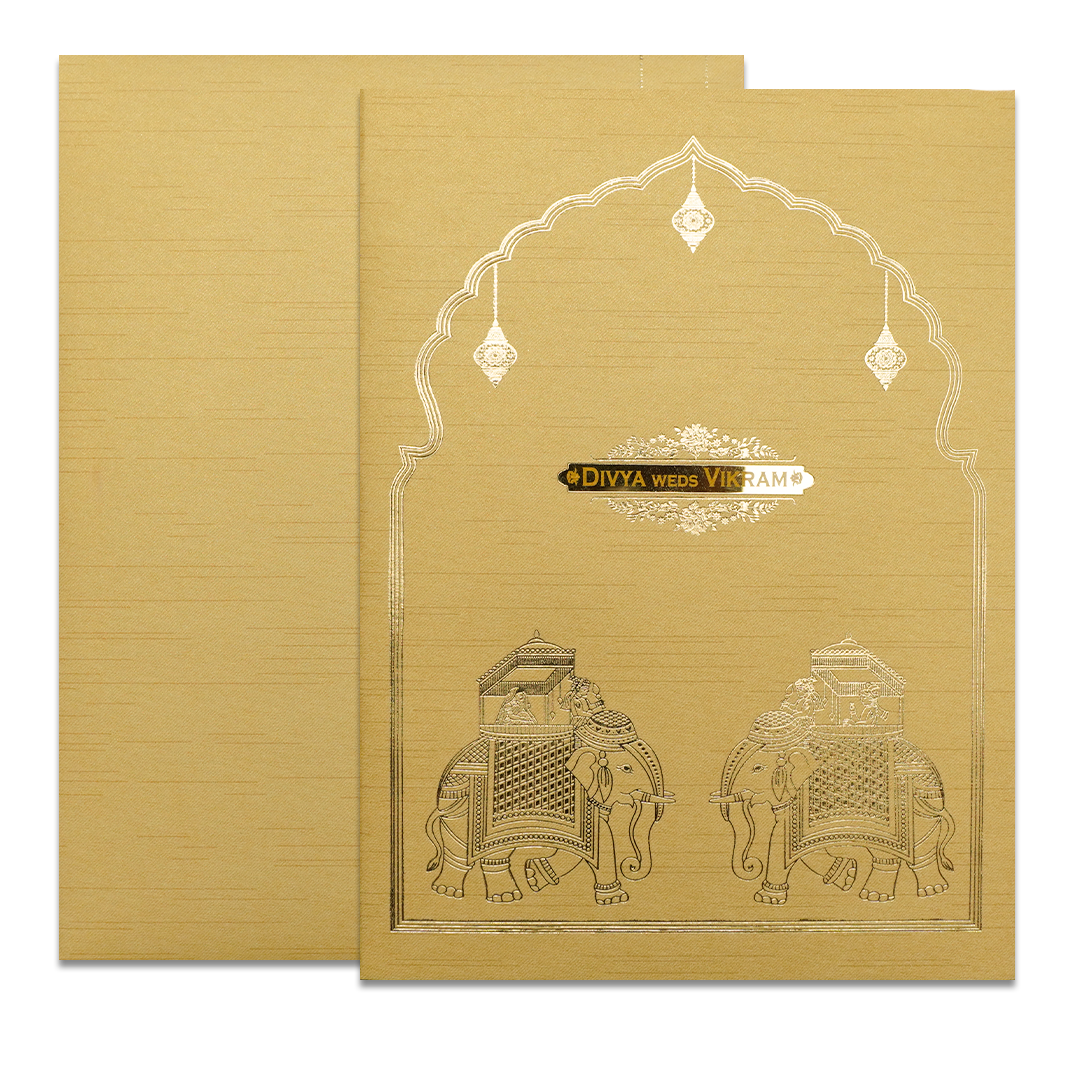 Golden Royal Elephant Arch Wedding Card-KNRM7083G