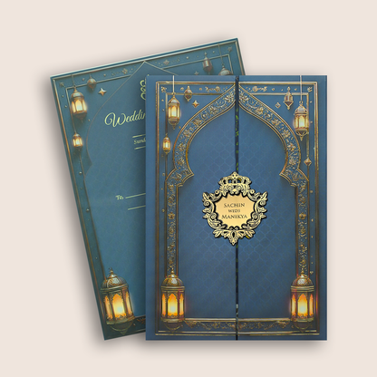 Royal Blue Floral Padded Door Style Wedding Card - KJTS3678