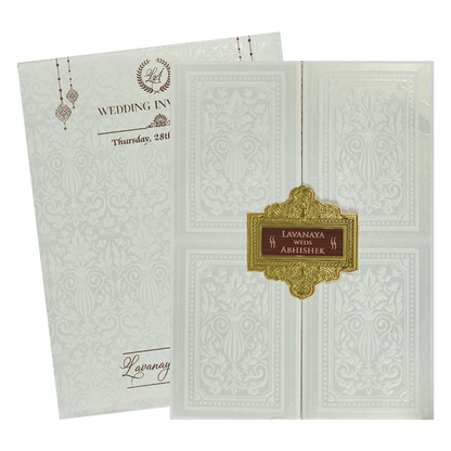 White Padded Embossed Padded Wedding Card-KRE25490