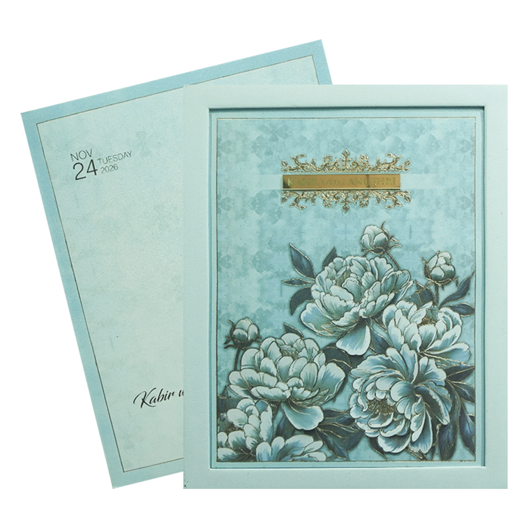 Blue Floral Luxury Wedding Invitation Card-KPR24750
