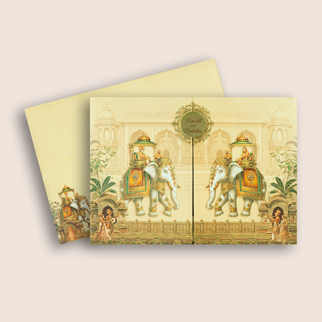 Cream Padded Elephant Door Style Wedding Card - KAA06060