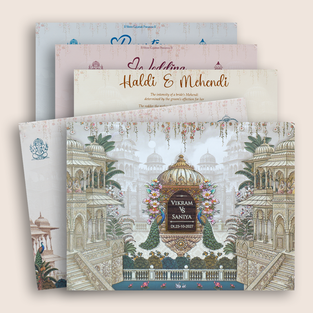 Grey Royal Palace Peacock Padded Wedding Invitation - KSH18910