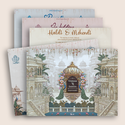 Grey Royal Palace Peacock Padded Wedding Invitation - KSH18910