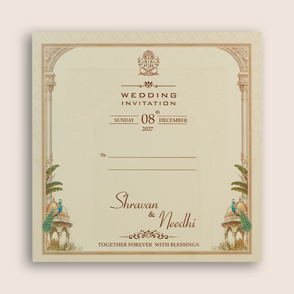 Cream Floral Padded Door Style Wedding Invitation Card-KSH72710