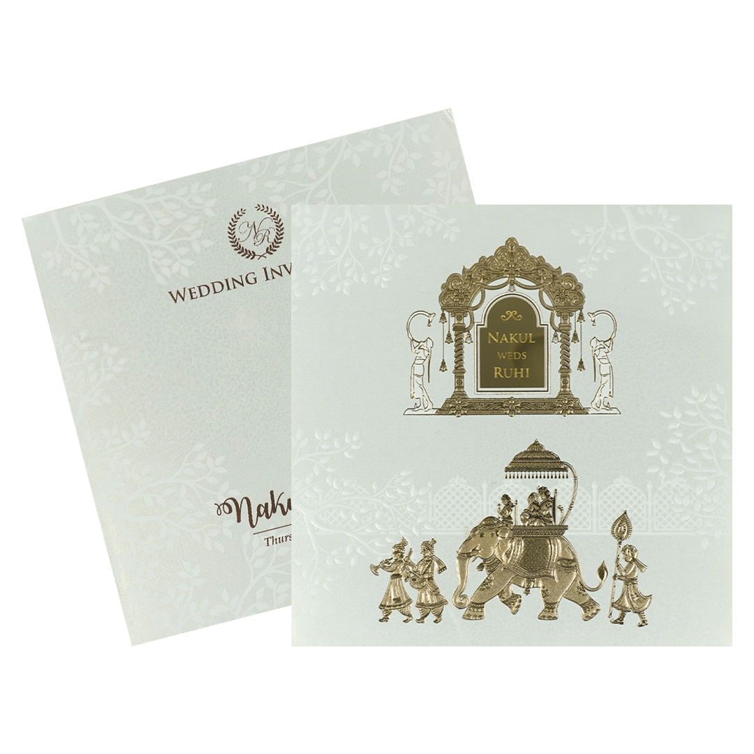 White Gold Arch Elephant Padded Wedding card-KRE28280