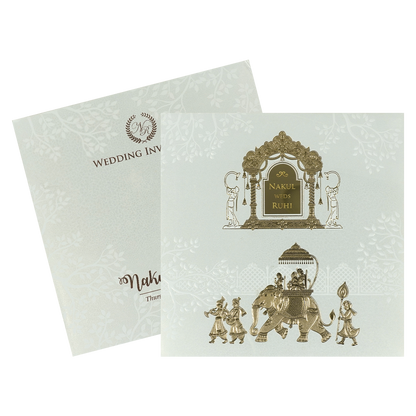 White Gold Arch Elephant Padded Wedding card-KRE28280