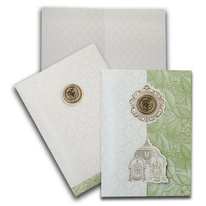 White Pastel Green Ganesha Temple Wedding Card-KNA2401G