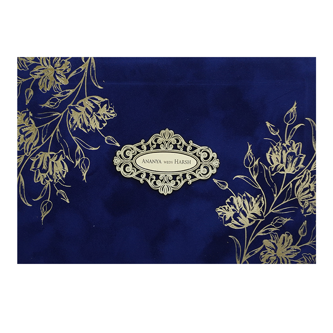 Blue Gold Floral Padded Wedding Card -KMMWD1137