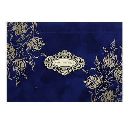 Blue Gold Floral Padded Wedding Card -KMMWD1137