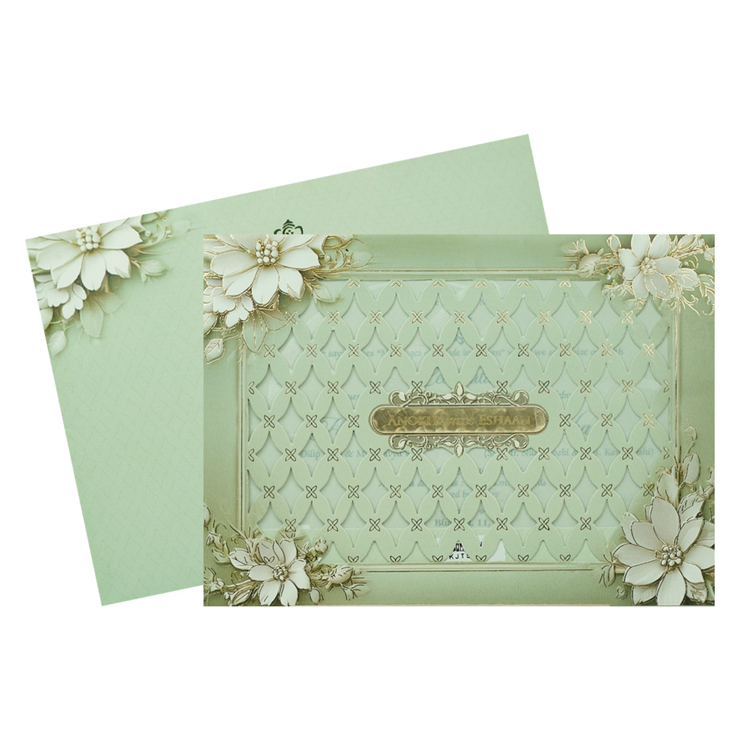 Mint Green Floral Laser Cut Padded Wedding Card-KJTS3680