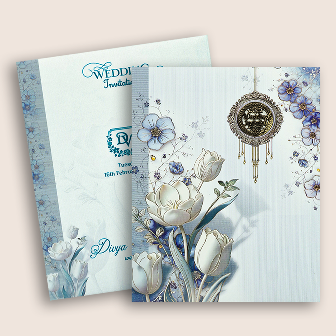 Blue White Floral Wedding Card - KNKJ1162