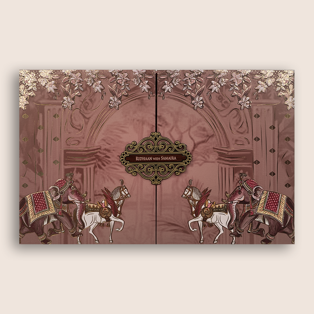 Pink Embossed Elephant Horse Doorstyle Padded Wedding Card - KVN07270