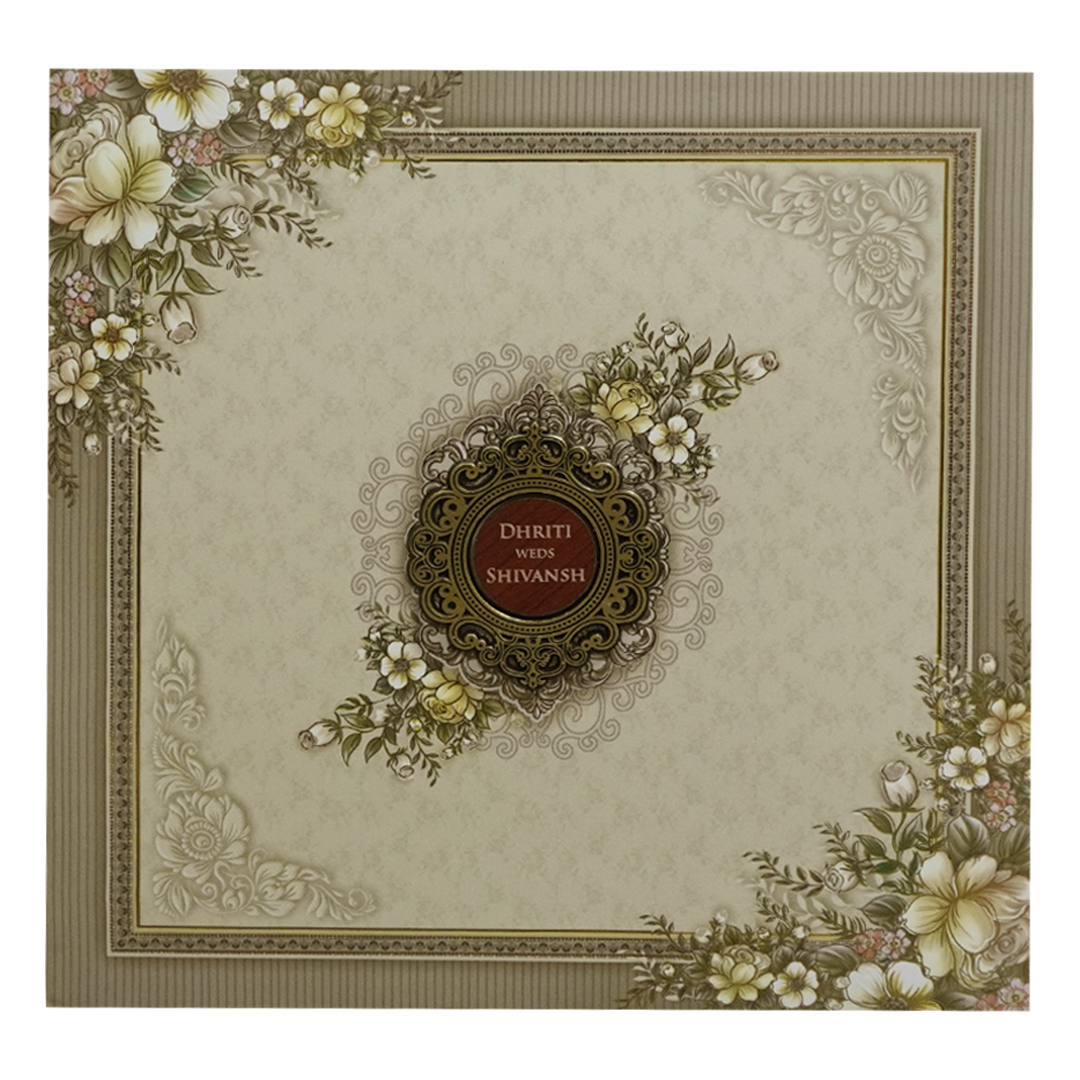 Beige &amp; Green Floral Padded Wedding Card-KSH72690