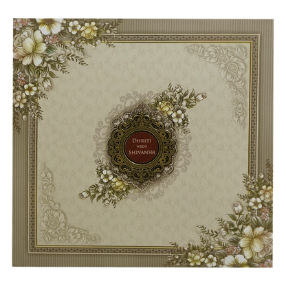 Beige &amp; Green Floral Padded Wedding Card-KSH72690