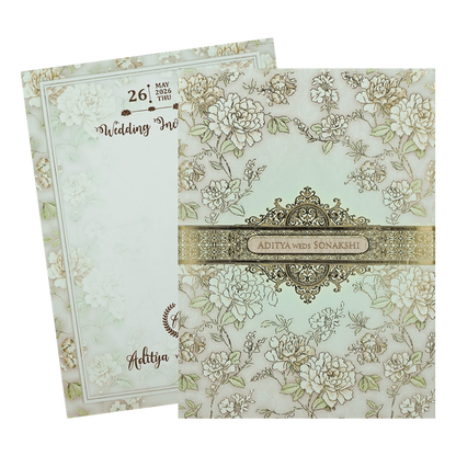 Green Floral Gold Frame Padded Wedding Card-KRE27240