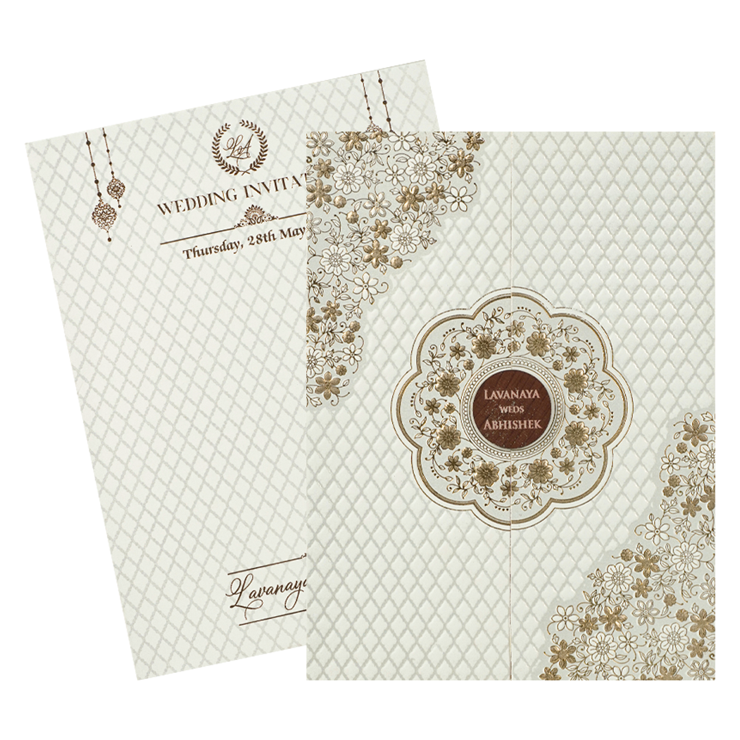 White Gold Floral Door Wedding Card-KRE27690