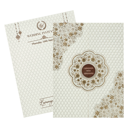 White Gold Floral Door Wedding Card-KRE27690