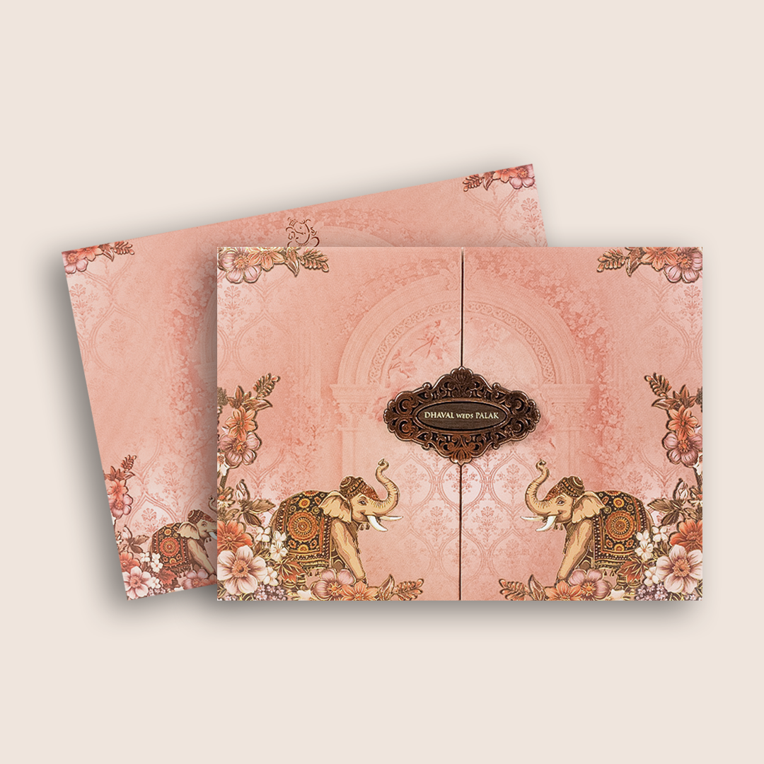 Pink Elephant Embossed Door Style Padded Wedding Card - KVN07910